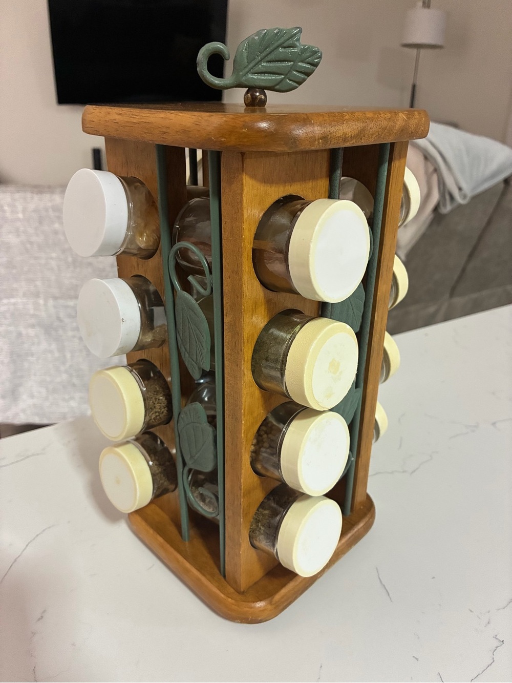 Vintage Wooden Rotating Spice Rack with Leaf Accents and White Lidded Jars